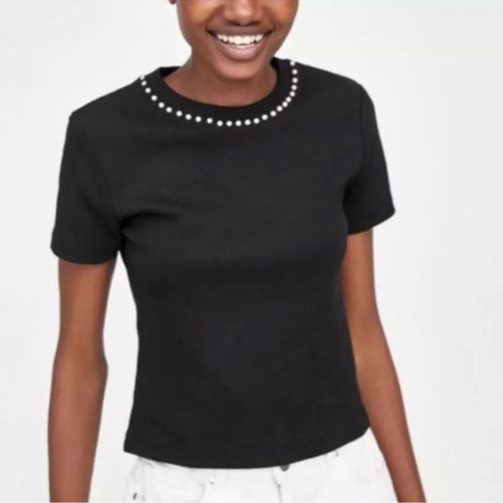 Zara black ribbed crop top with pearls.